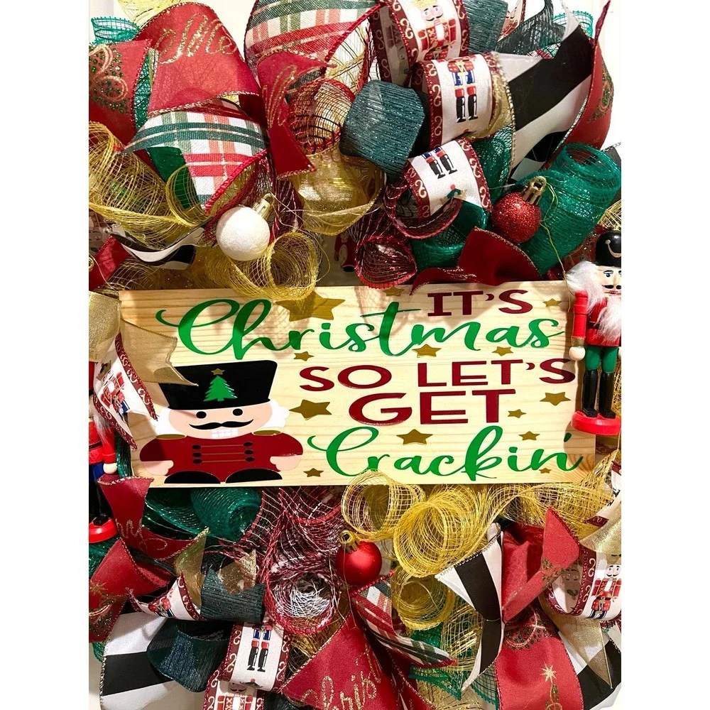 Christmas Nutcracker Holiday Ribbon Door Wreath Handmade 22 ins LED W4